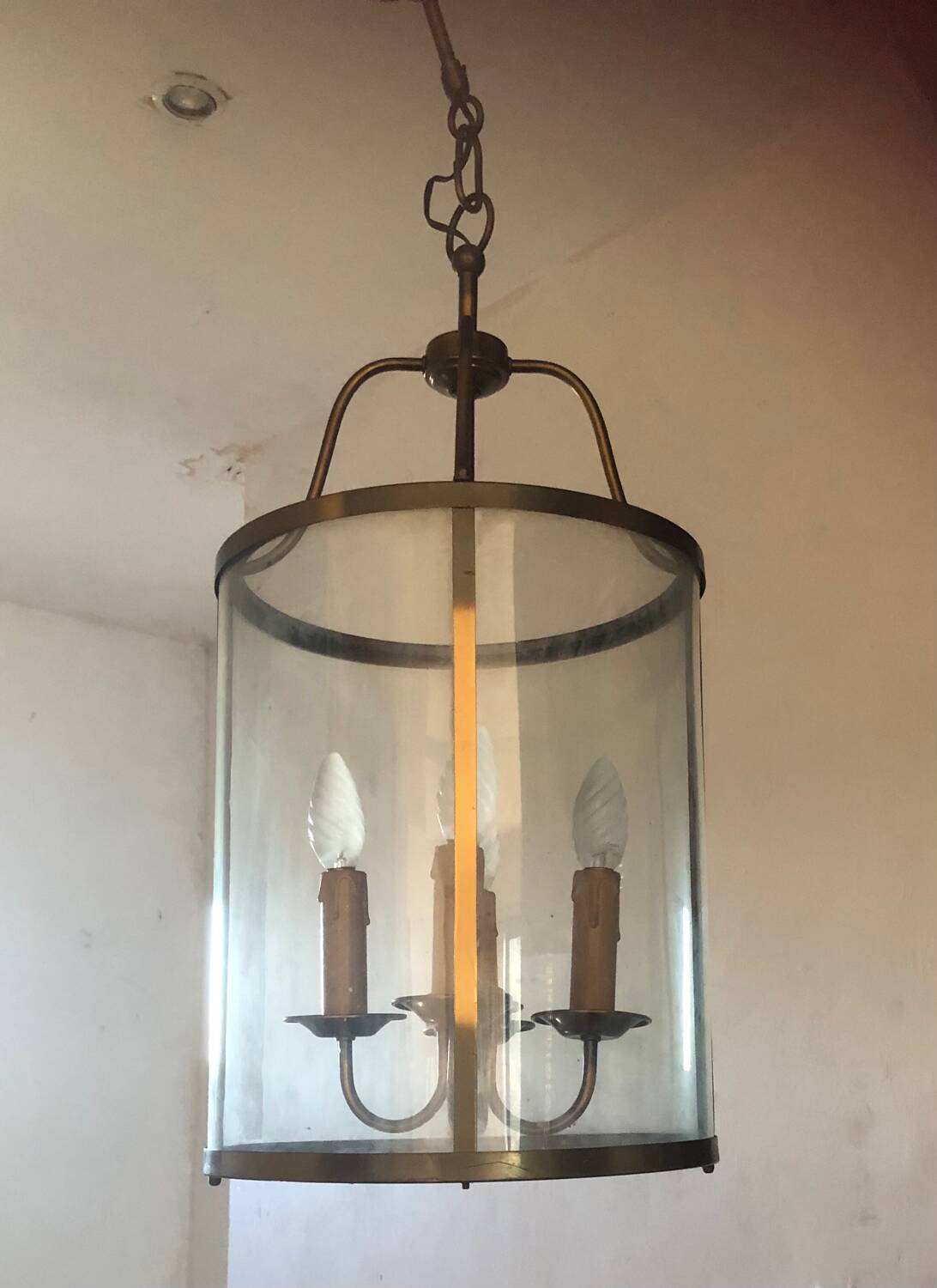 Large round lantern pendant in brass and glass