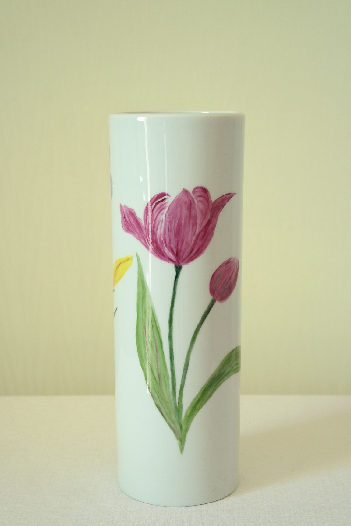 Tubular vase Limoges porcelain bucolic decoration hand painted signed