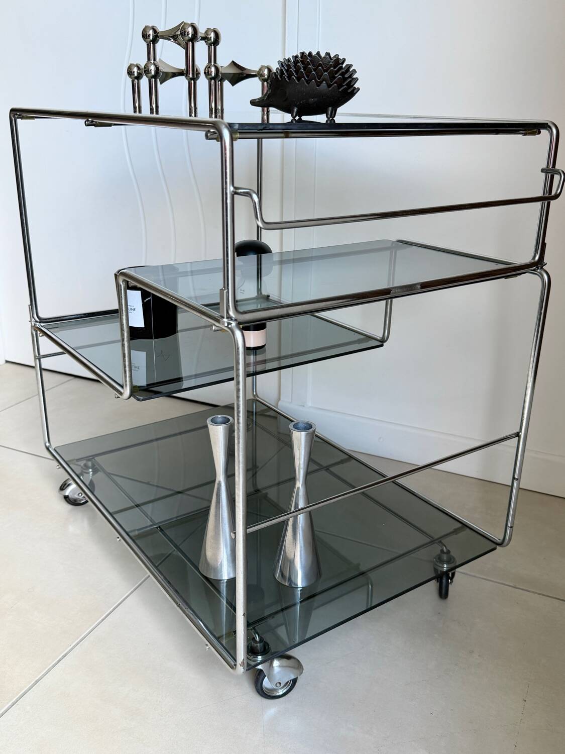 Coffee table / chrome and smoked glass by Max Sauze