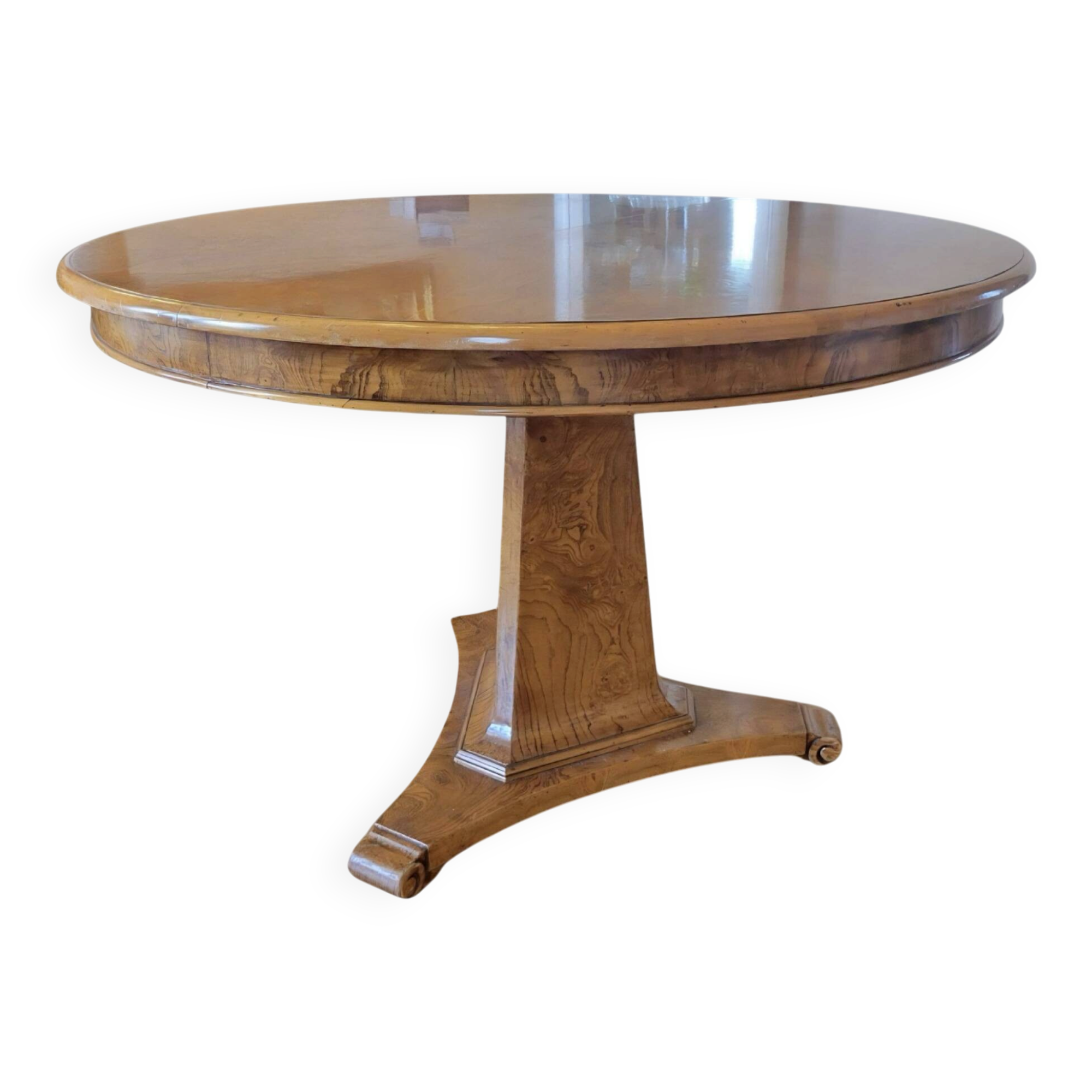 Table ronde extensible en loupe de bois aux magnifiques veinage