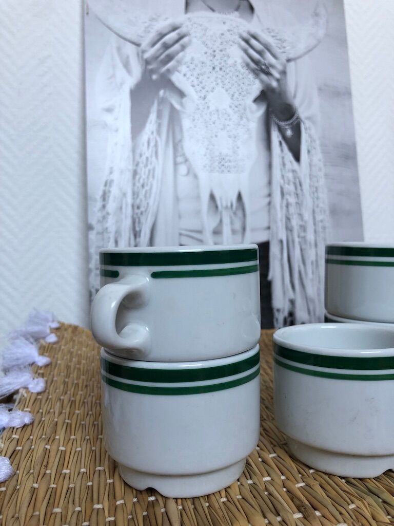 Lot 6 white porcelain cups green stripe