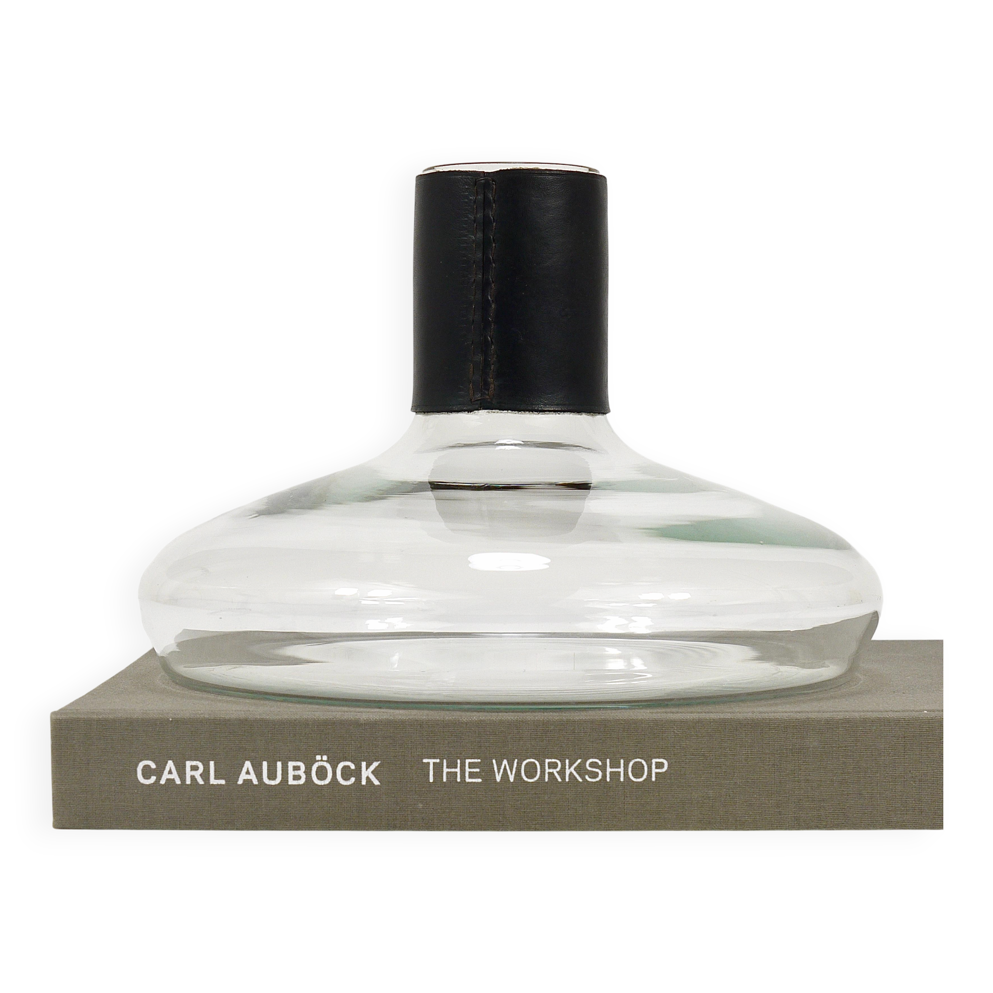 Vase Carafe Carl Aubock II with Black Leather Top, Midcentury, Austria, 1950s