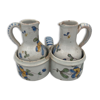 Huilier vinaigrier en faience nevers 3 pieces a decor floral