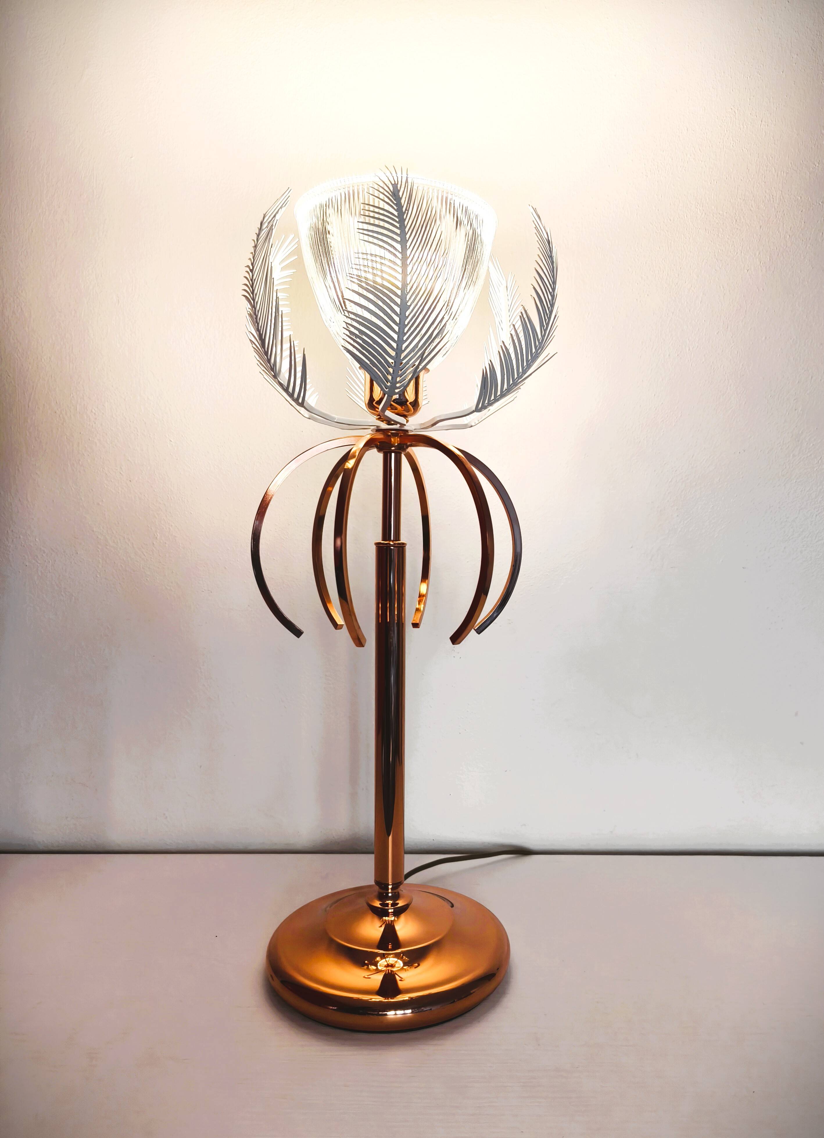 Lampe italienne en métal cuivré et verre cristal, style Hollywood Regency