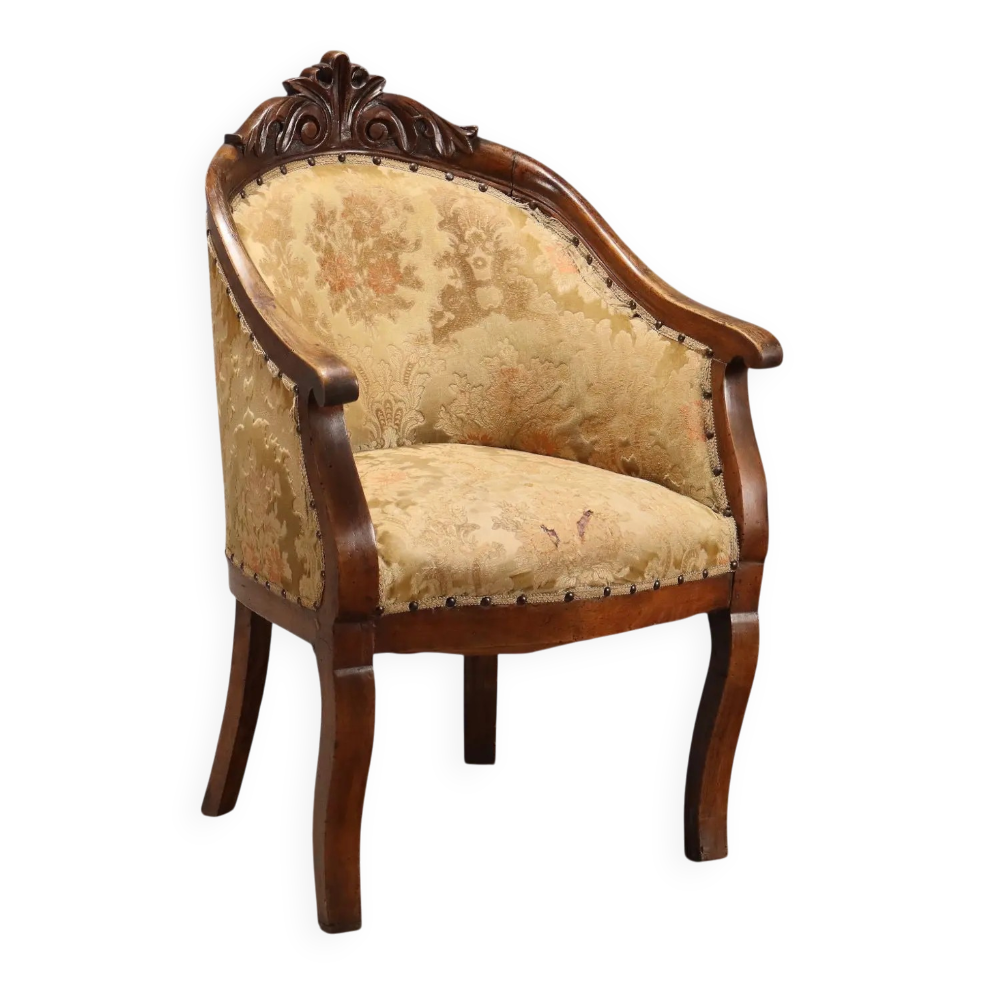 Antique walnut and fabric armchair, Italy, 19th century