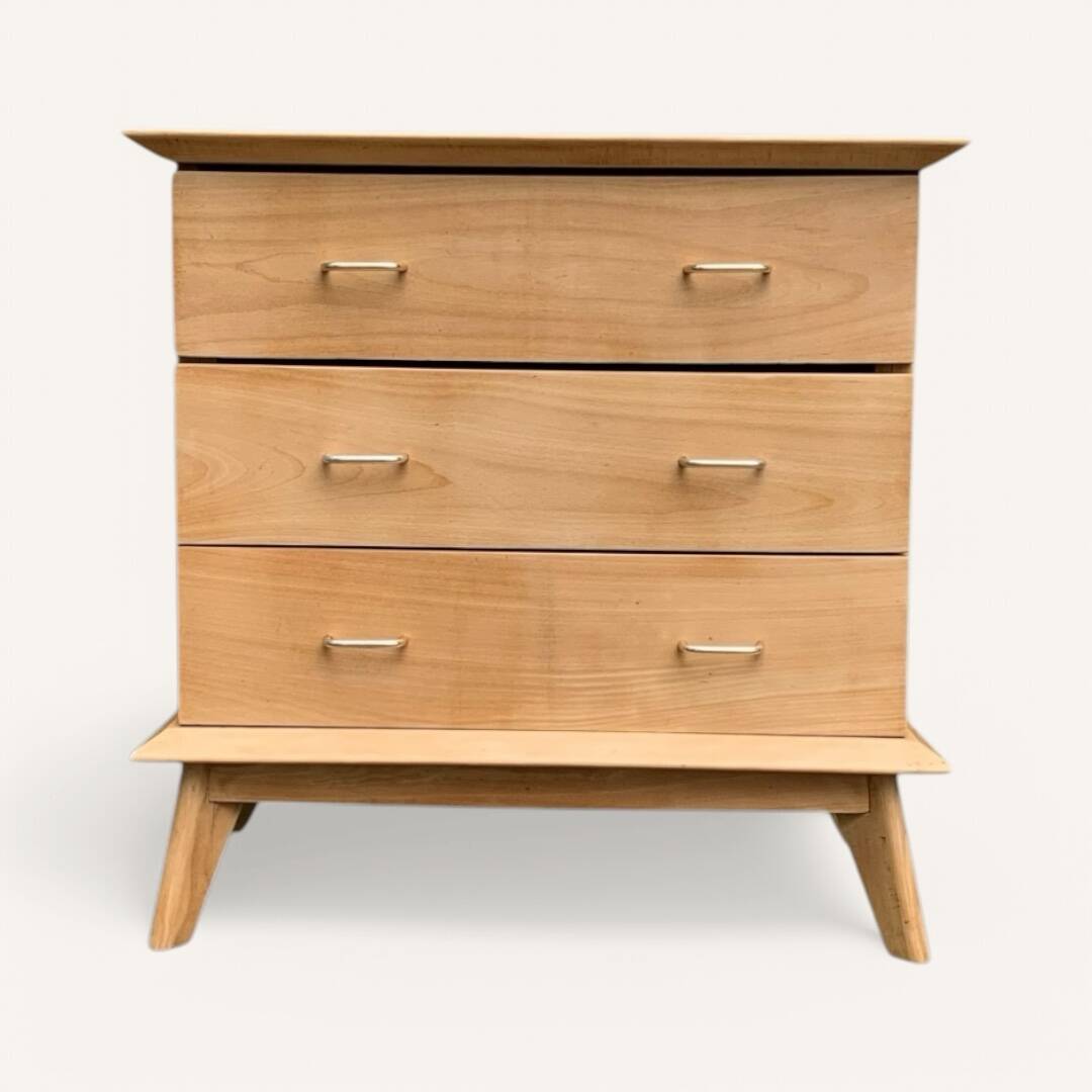 Vintage chest of drawers with compass feet, solid raw beech, 1960s