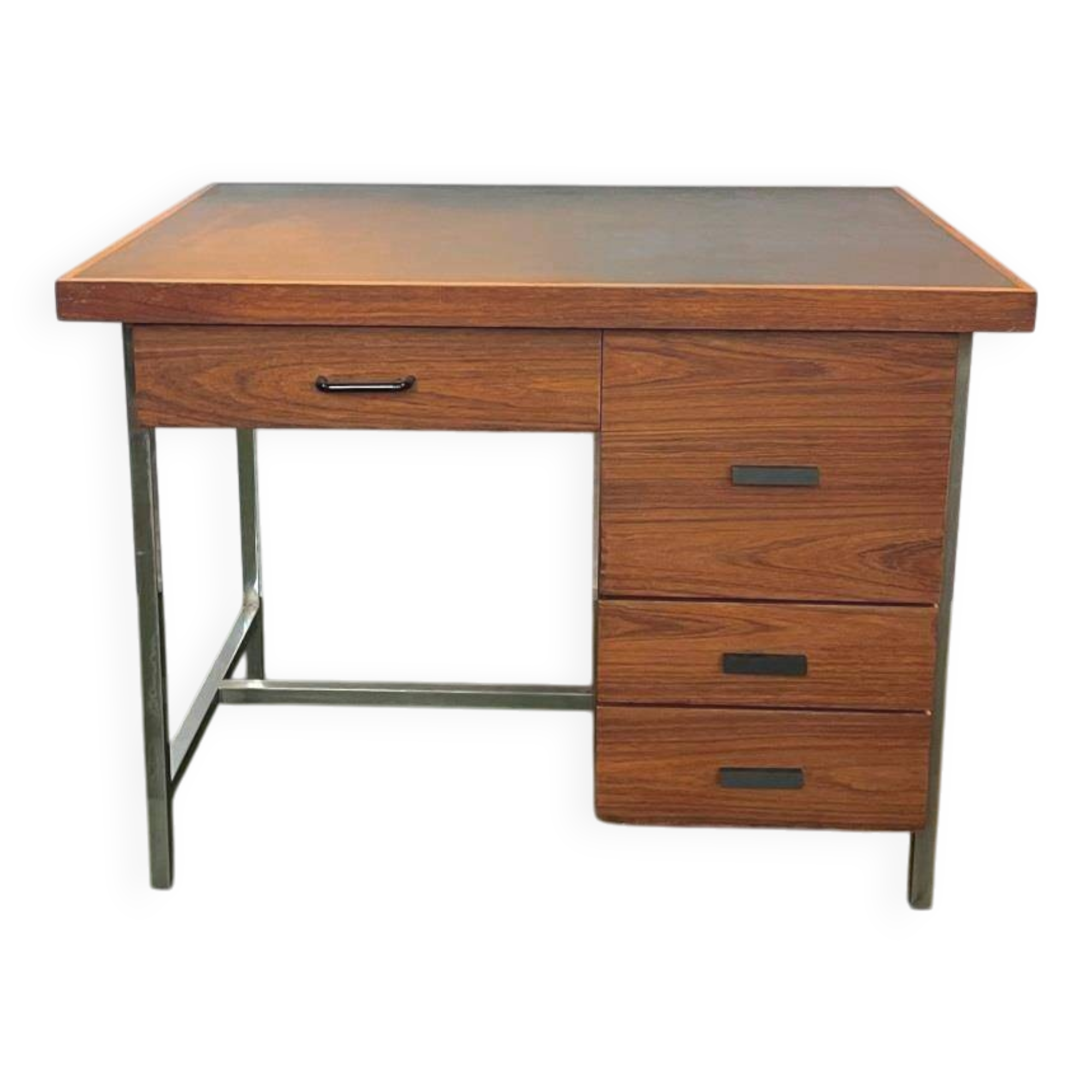 Teak veneer desk with chromed metal frame, from the 70s.