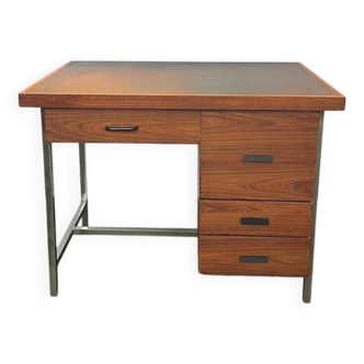 Teak veneer desk with chromed metal frame, from the 70s.