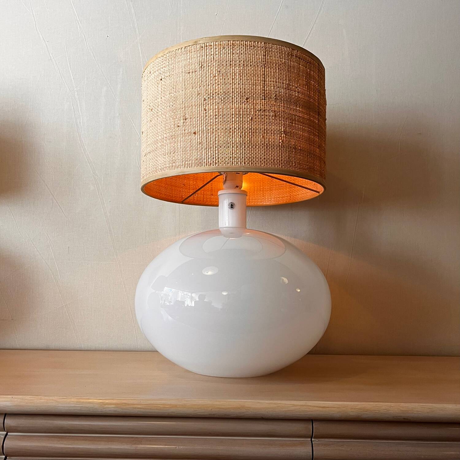 Opaline glass lamp with a rattan shade Anne Nilsson IKEA