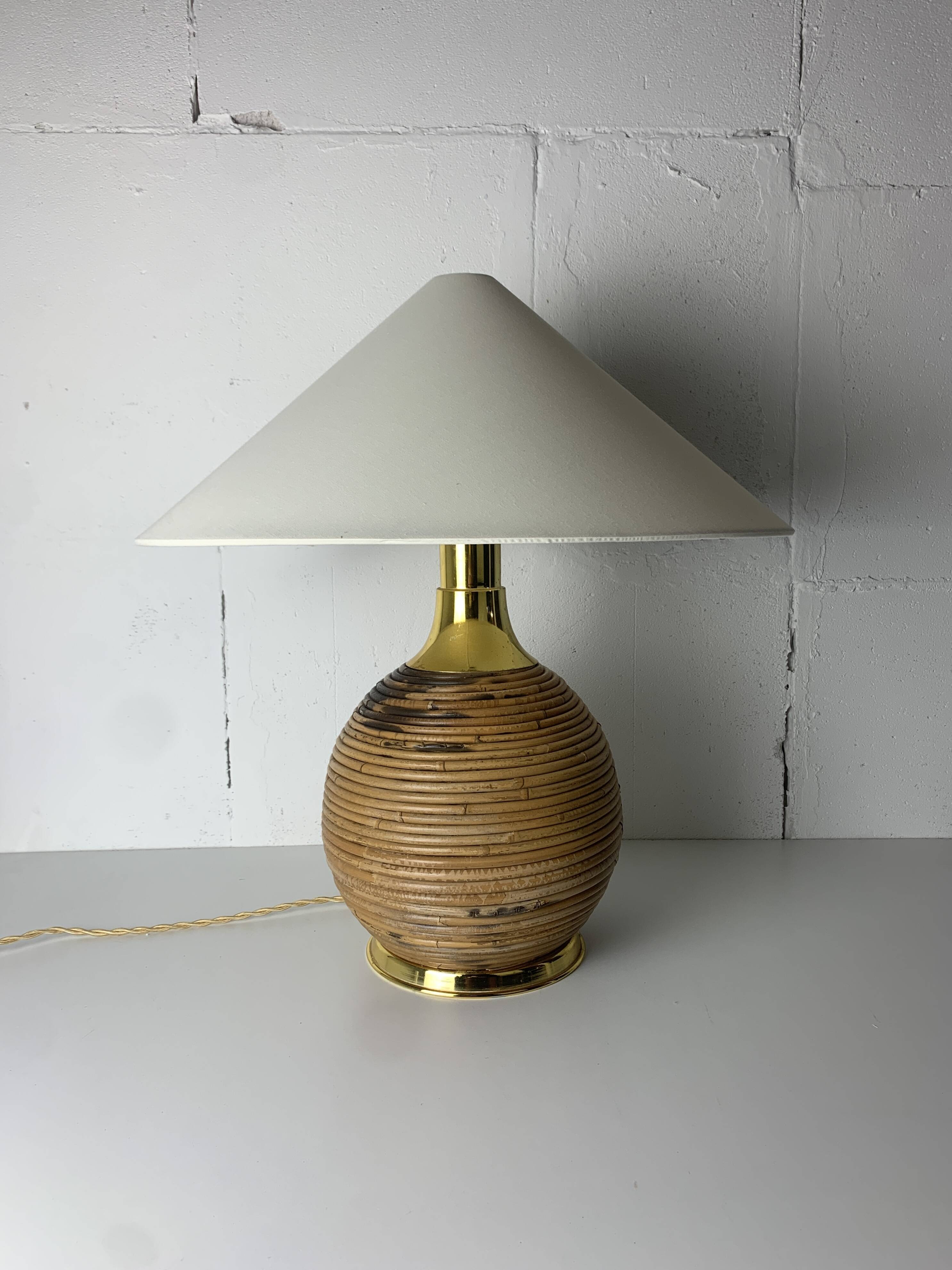 Large midcentury pencil reed rattan bamboo and brass table lamp Italy 1970s