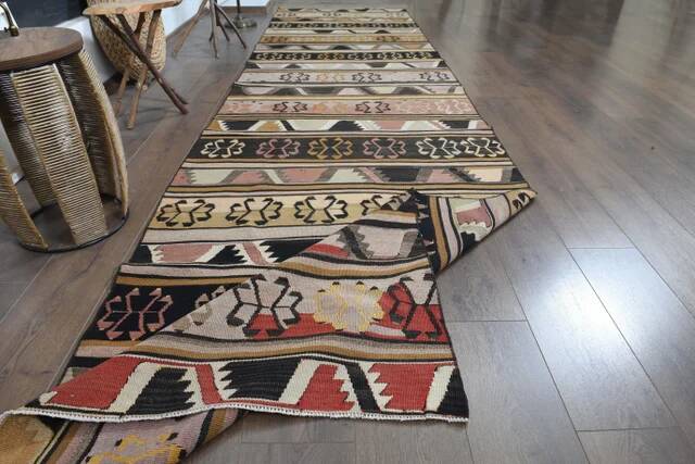 1970s Turkish Oushak Handmade Wool Cotton Brown Kilim Runner Rug 114x452
