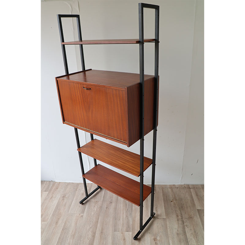 Bibliothèque vintage modulable avec étagères en bois et métal 1960