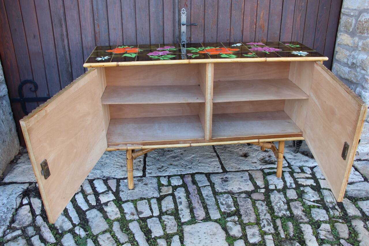 Vintage bamboo and rattan sideboard in the style of Audoux Minet.