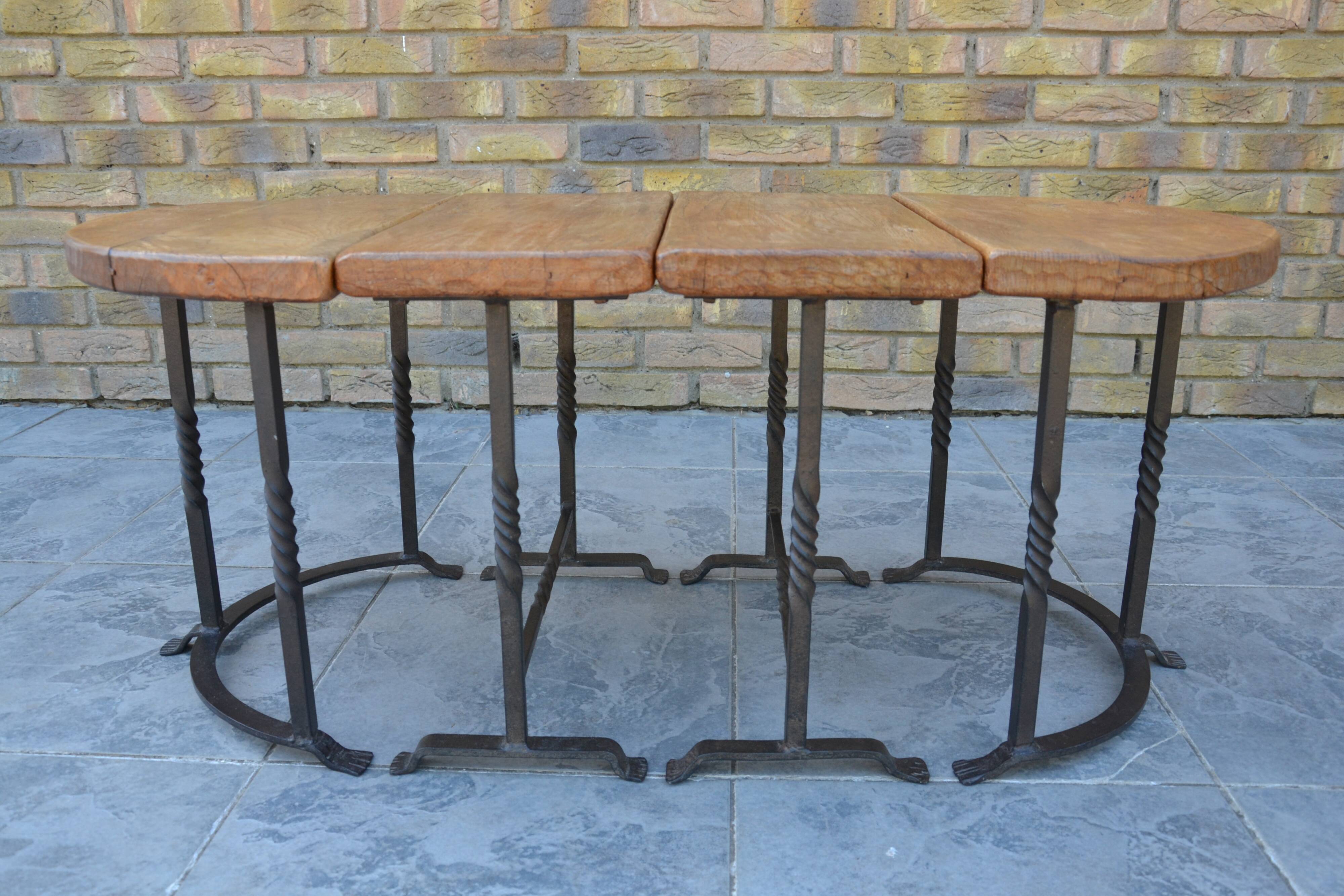 Unusual modular coffee table in oak and wrought iron.