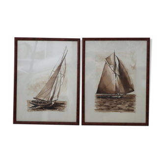 Pair of watercolor washes of sailing ships by Francis Kulhen