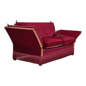 1970s, Danish velour 2 seater drop arm sofa, cherry-red velour, original condition.