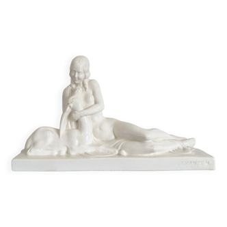 Art Deco sculpture in crackled ceramic signed Lemanceau.