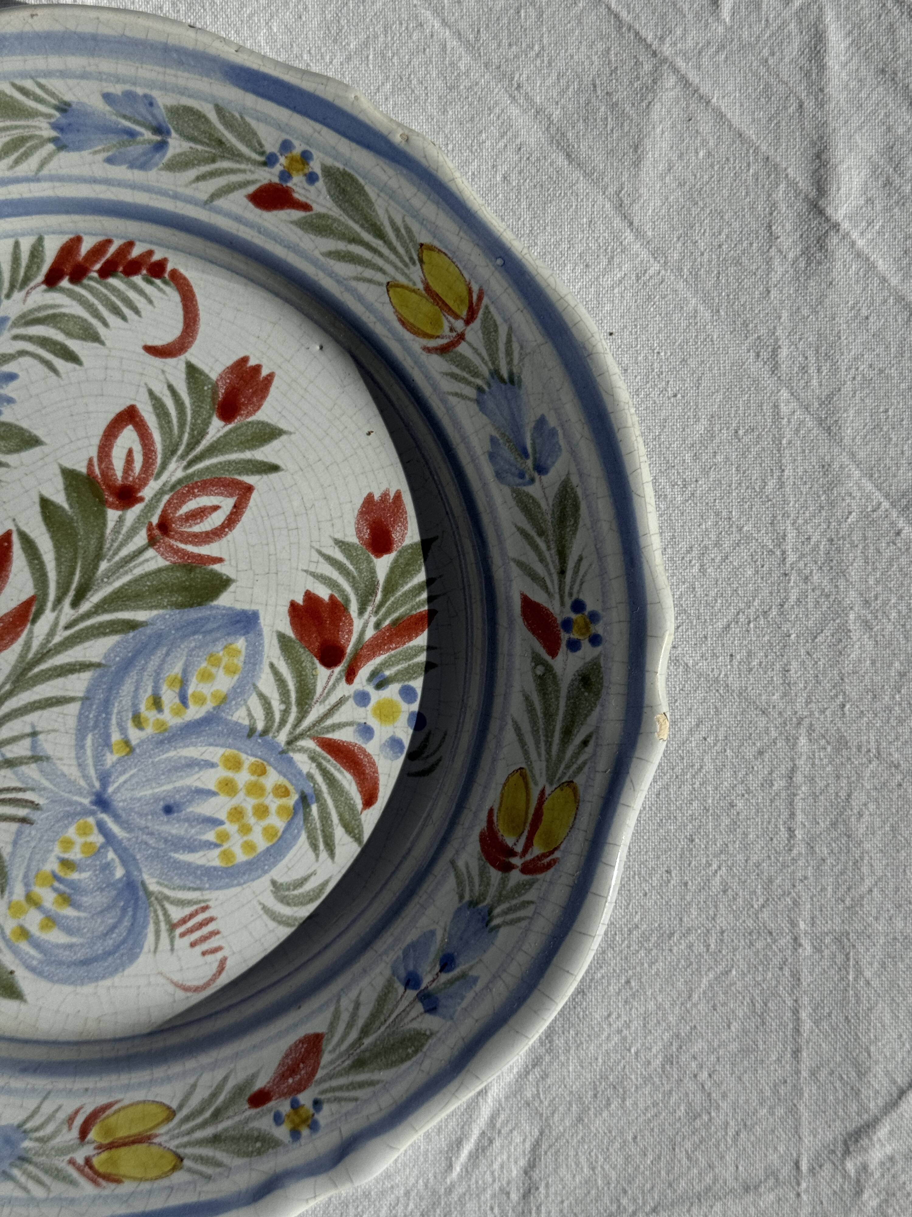 Antique decorative plate IB Quimper with polychrome floral decoration D24
