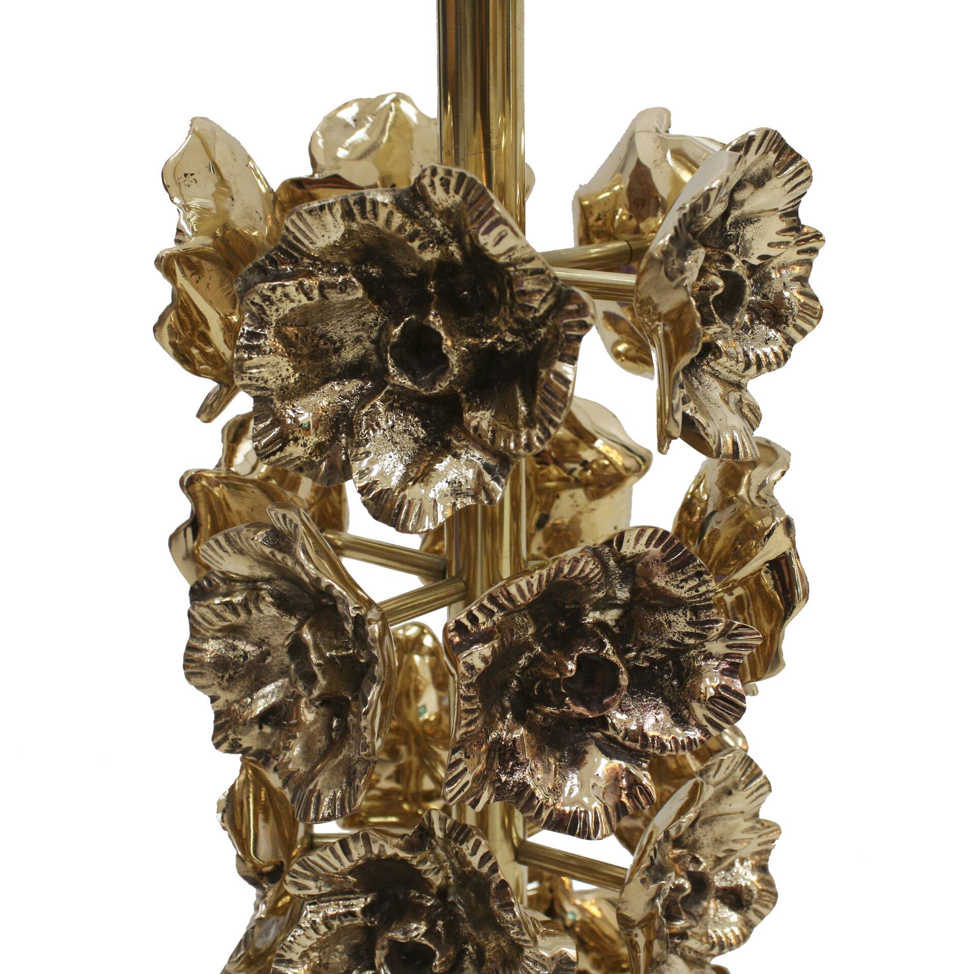 Mid-century modern Italian table lamps with hand-sculpted brass, floral pattern.