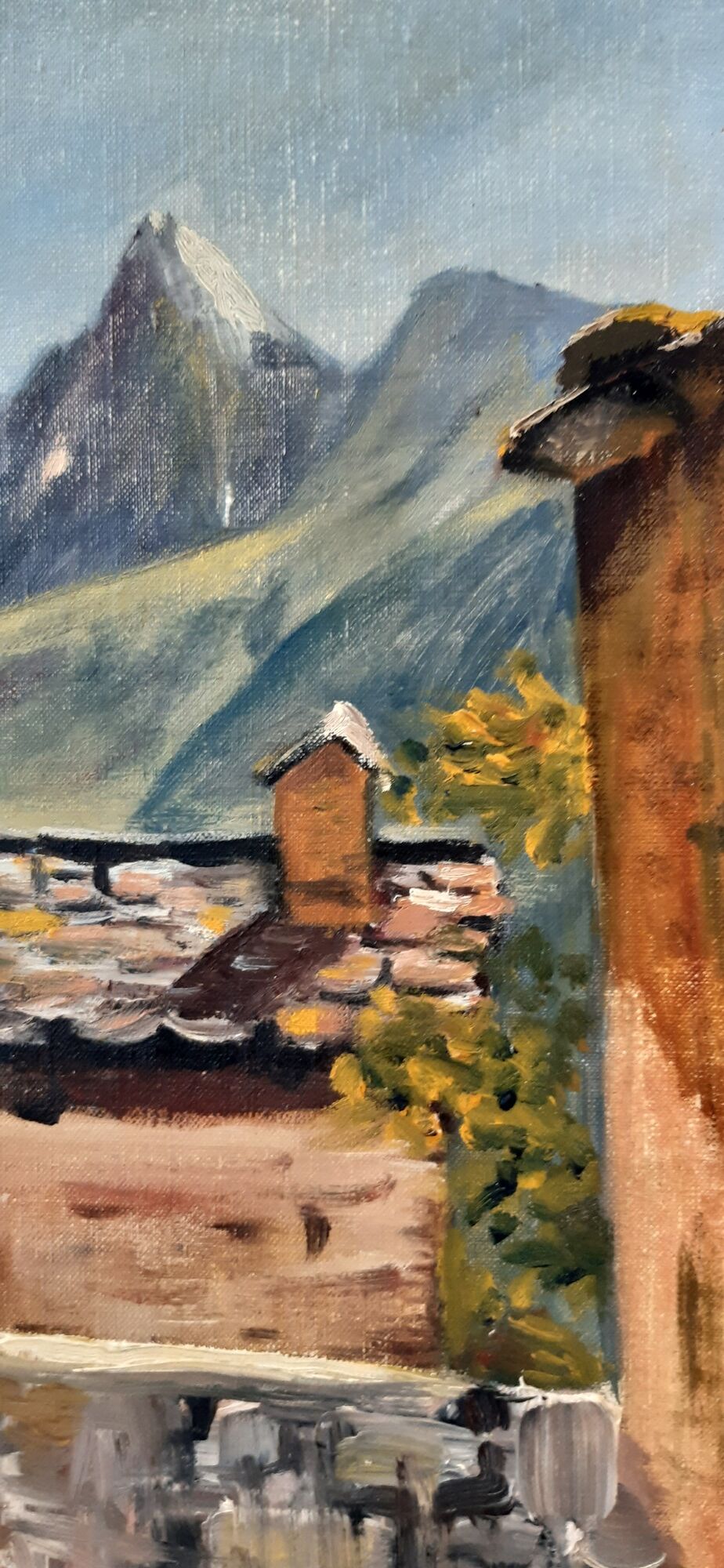 Oil on canvas painting and mountain landscape frame signed