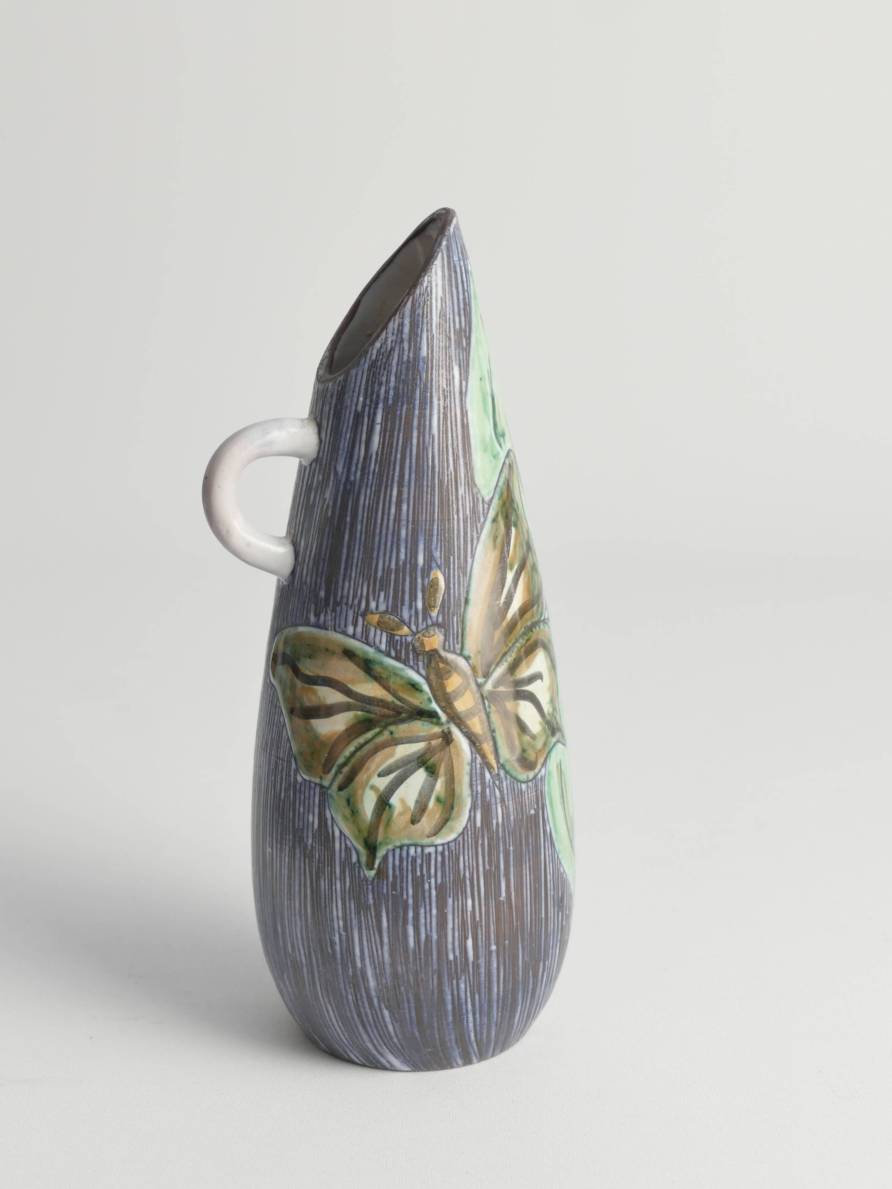 Mid-Century Modern Stoneware Vase with Sgraffito and Butterflies. Sweden, 1950s