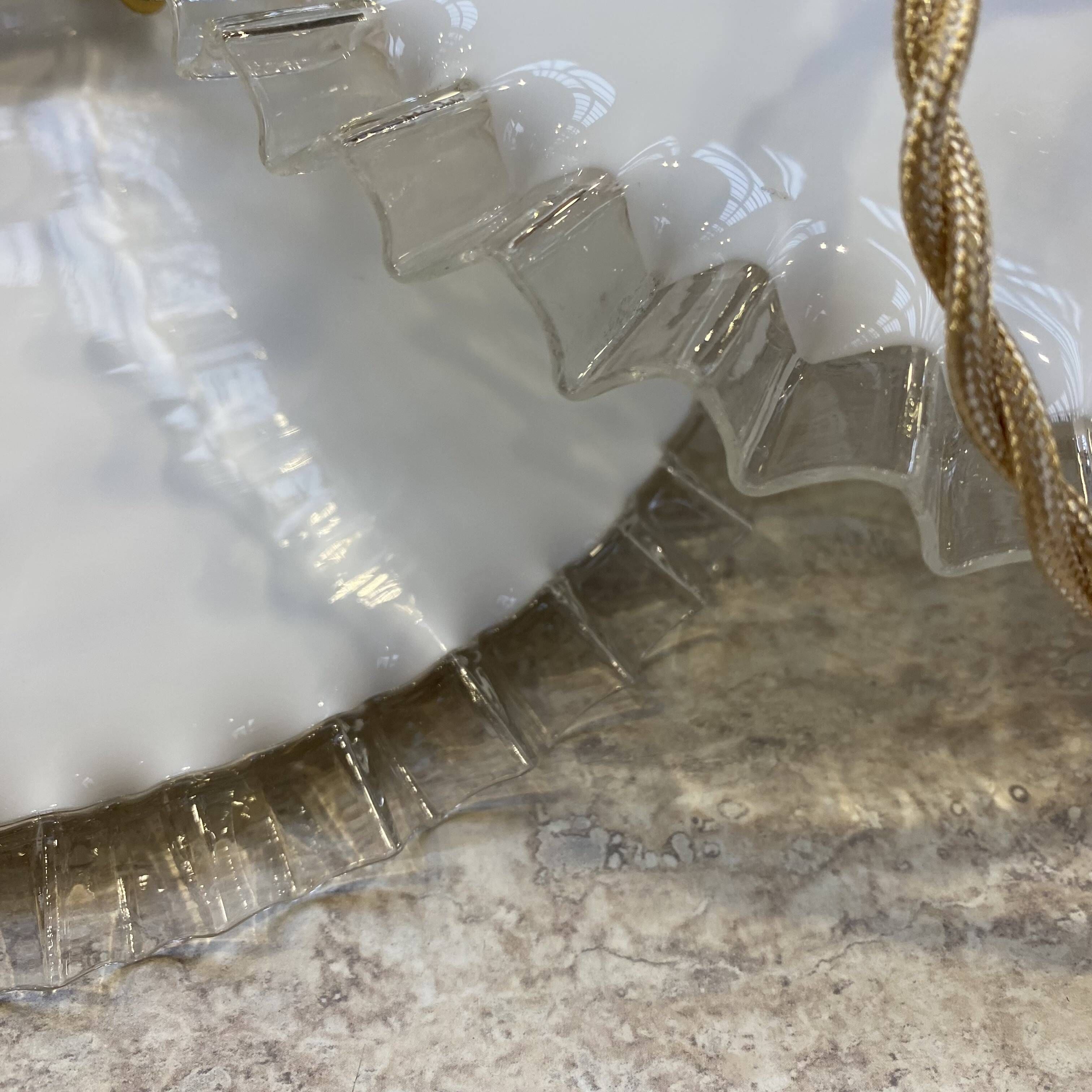 Pair of vintage pendant lights in opaline and transparent serrated edges