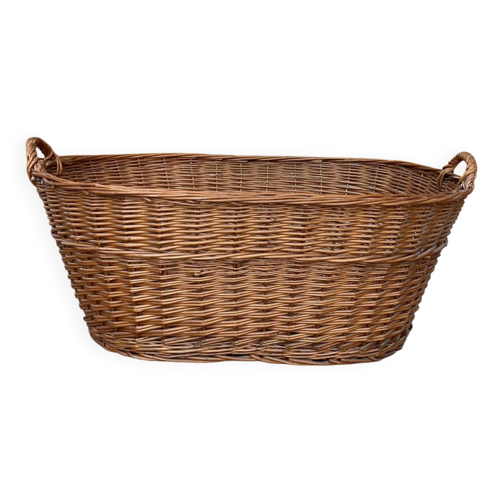Rustic brown wicker basket from the 1940s — large oval laundry basket 68 x 45 cm