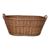 Panier en osier marron rustique des années 1940 — grand panier à linge ovale 68 x 45 cm