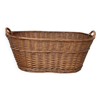 Rustic brown wicker basket from the 1940s — large oval laundry basket 68 x 45 cm