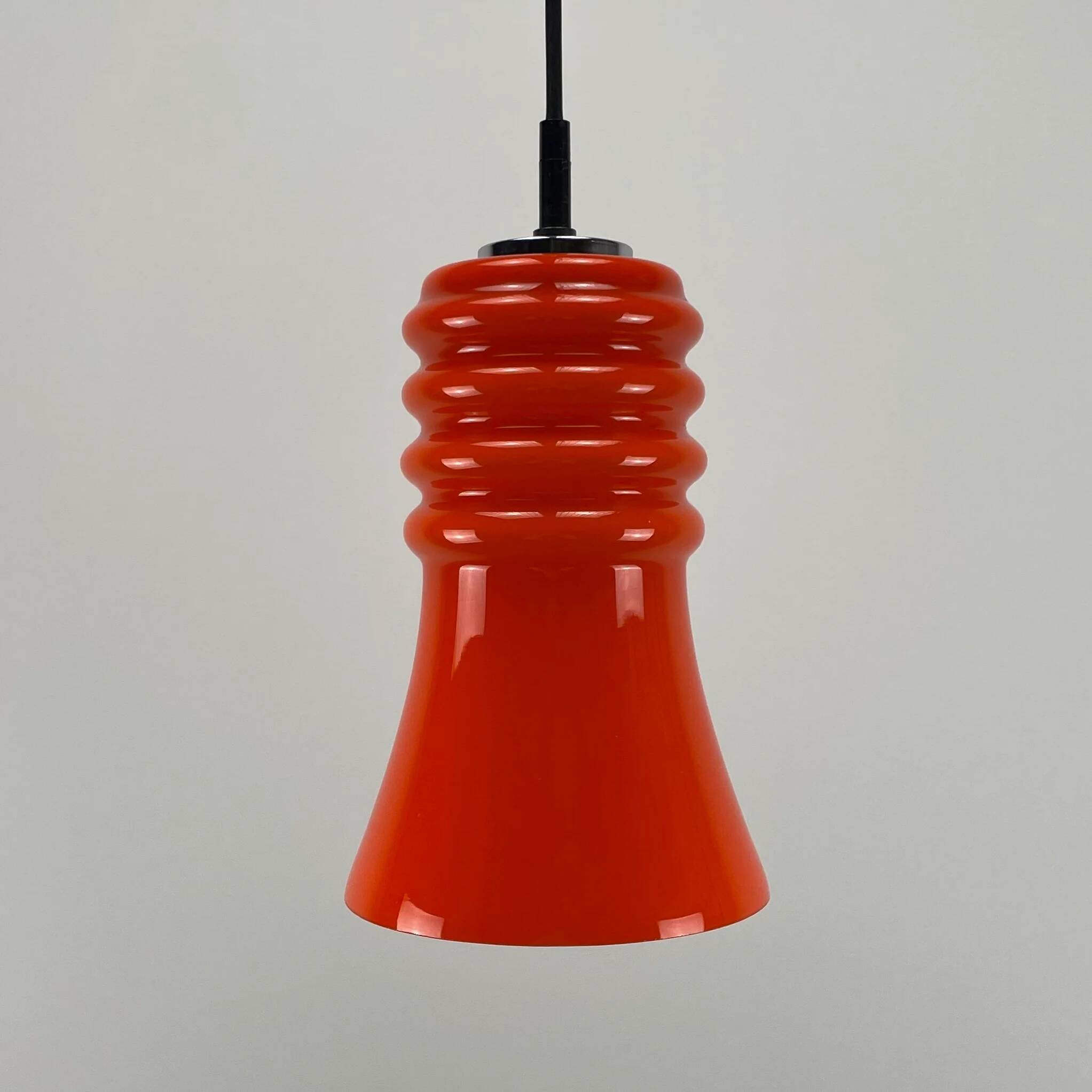 Rare orange glass trumpet-shaped pendant light by Peill & Putzler, 1960.