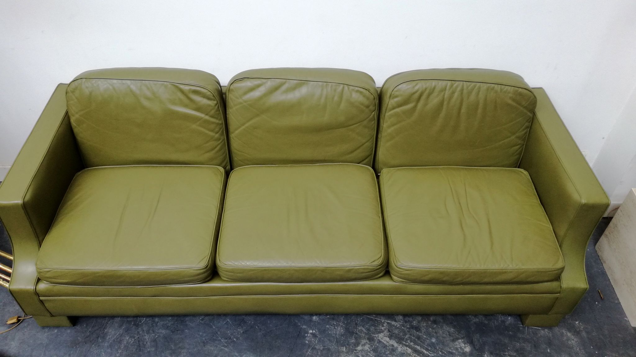 Jansen Olive green leather sofa France 1970