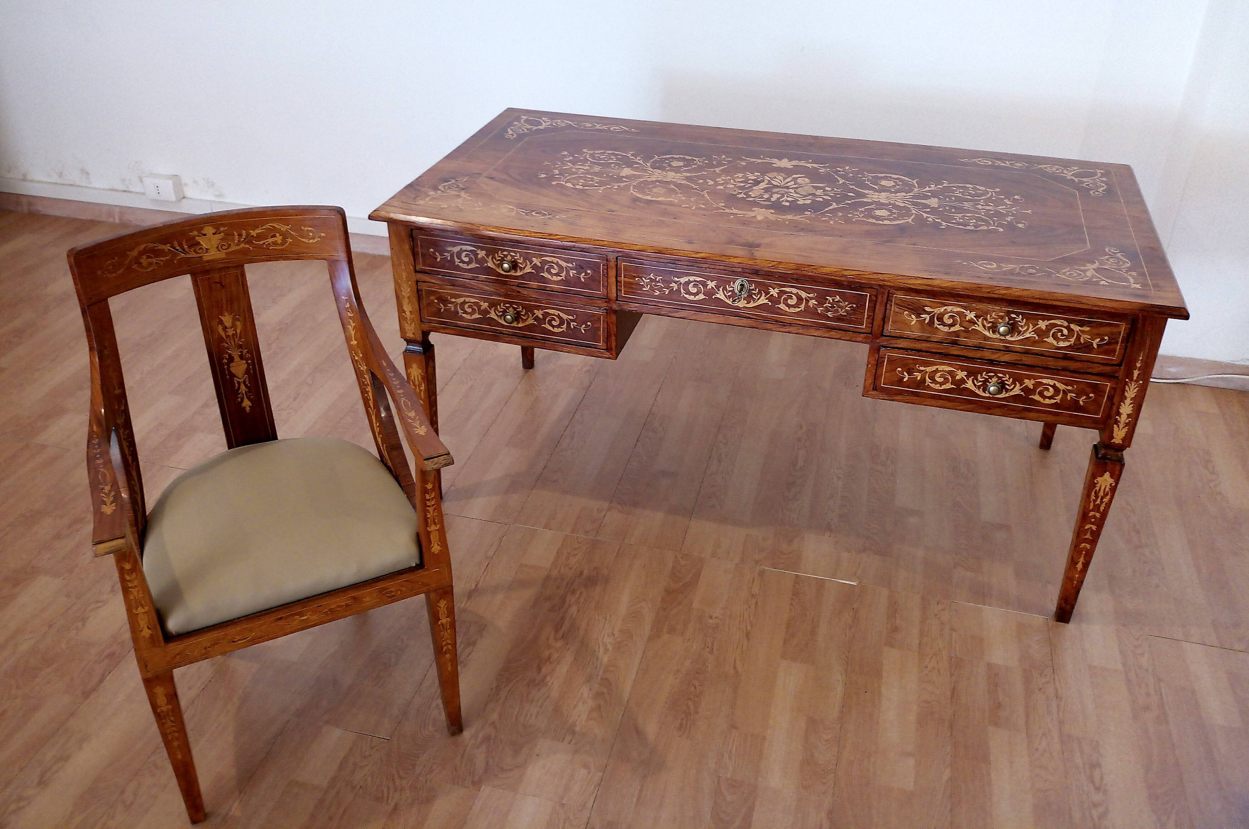 Louis XVI style italian bank desk and bench, 1920s
