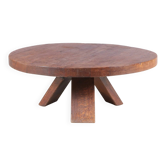 Table basse brutaliste ronde en chêne, Pays-Bas années 1970