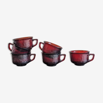 Set of 6 vintage cups70 in thick textured red glass arcoroc france model