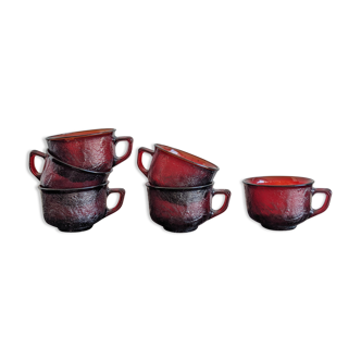 Lot de 6 tasses vintage en verre épais rouge texturé arcoroc france modèle