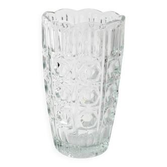 Vase à fleurs vintage en verre massif transparent, pressé à la main / Fidenza / Italie