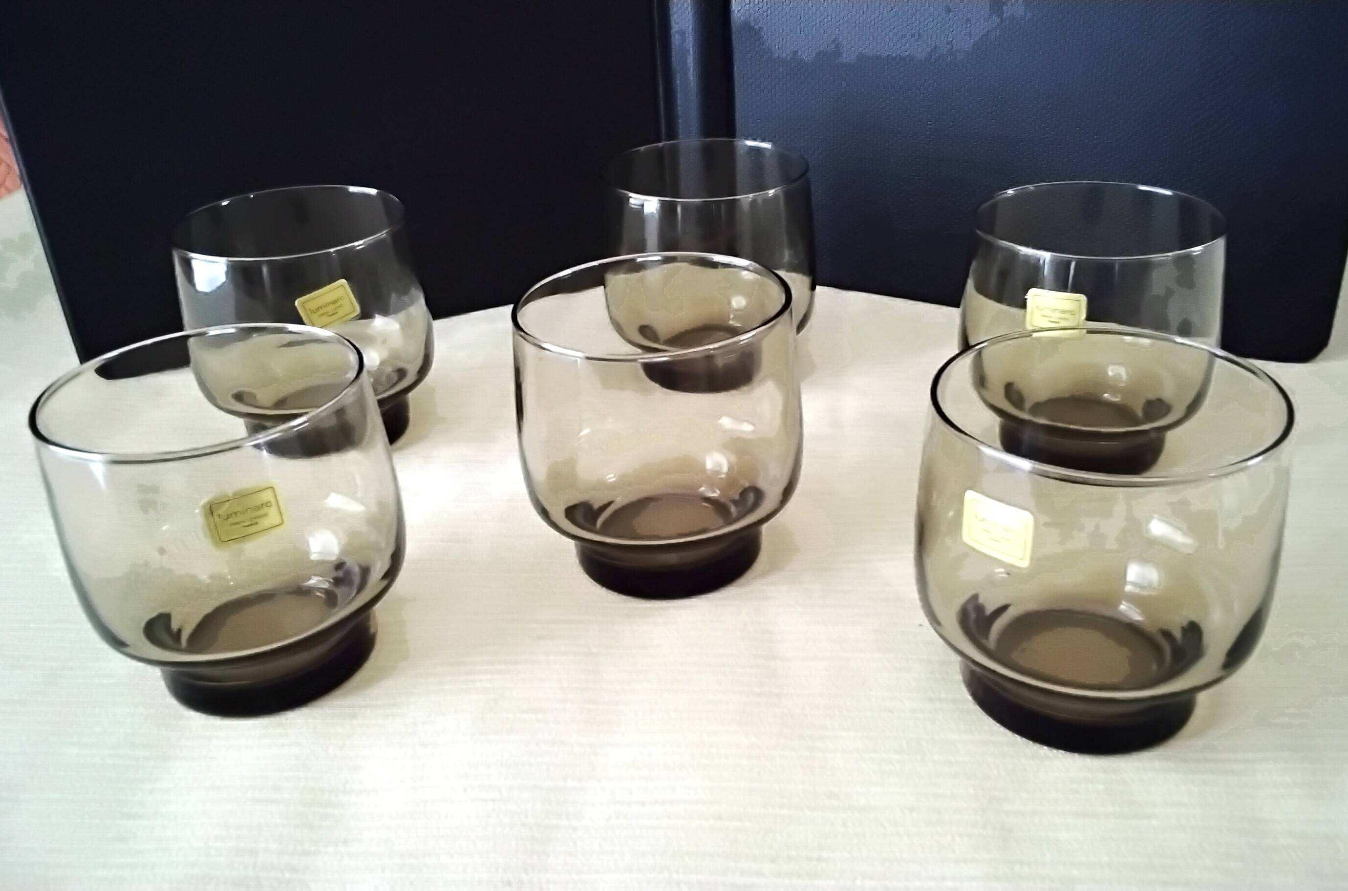 6 smoke-coloured glasses Luminarc 1960s Model Tivoli