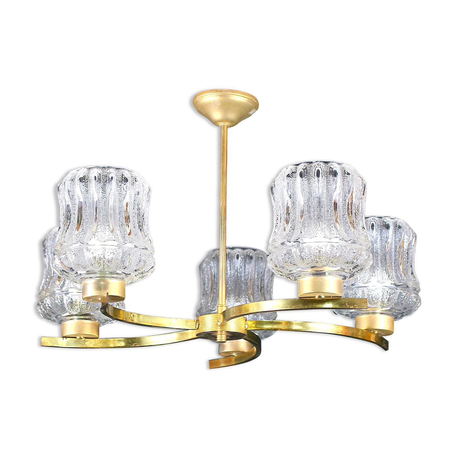 Lustre en verre et cinq bras en laiton courbés, France 1950's