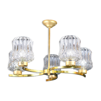 Lustre en verre et cinq bras en laiton courbés, France 1950's