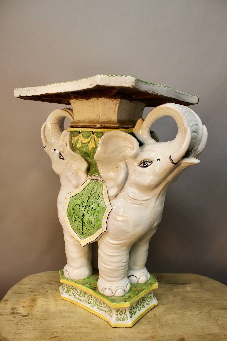 "Elephants" design chess table, enamelled, hand-painted.