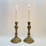 Pair of 19th century Louis XV style bronze candlesticks with arabesque rocaille candlestick
