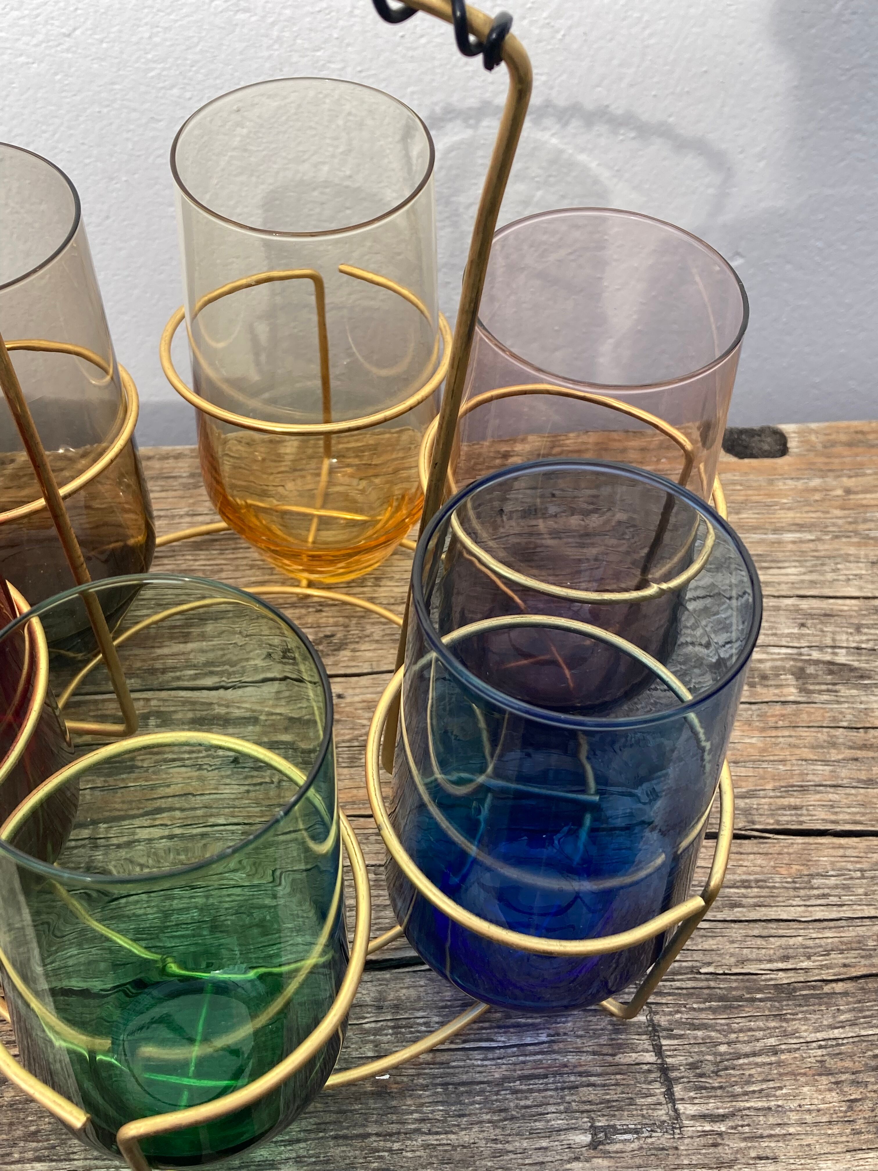 Crystal coloured water glasses in gilded metal glass holders 1970