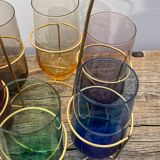 Crystal coloured water glasses in gilded metal glass holders 1970