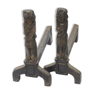 Pair of anthropomorphic chenets cast iron fireplace