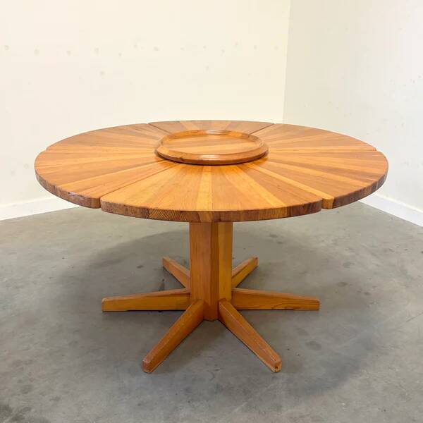 Unique round solid pine dining table, 1970s