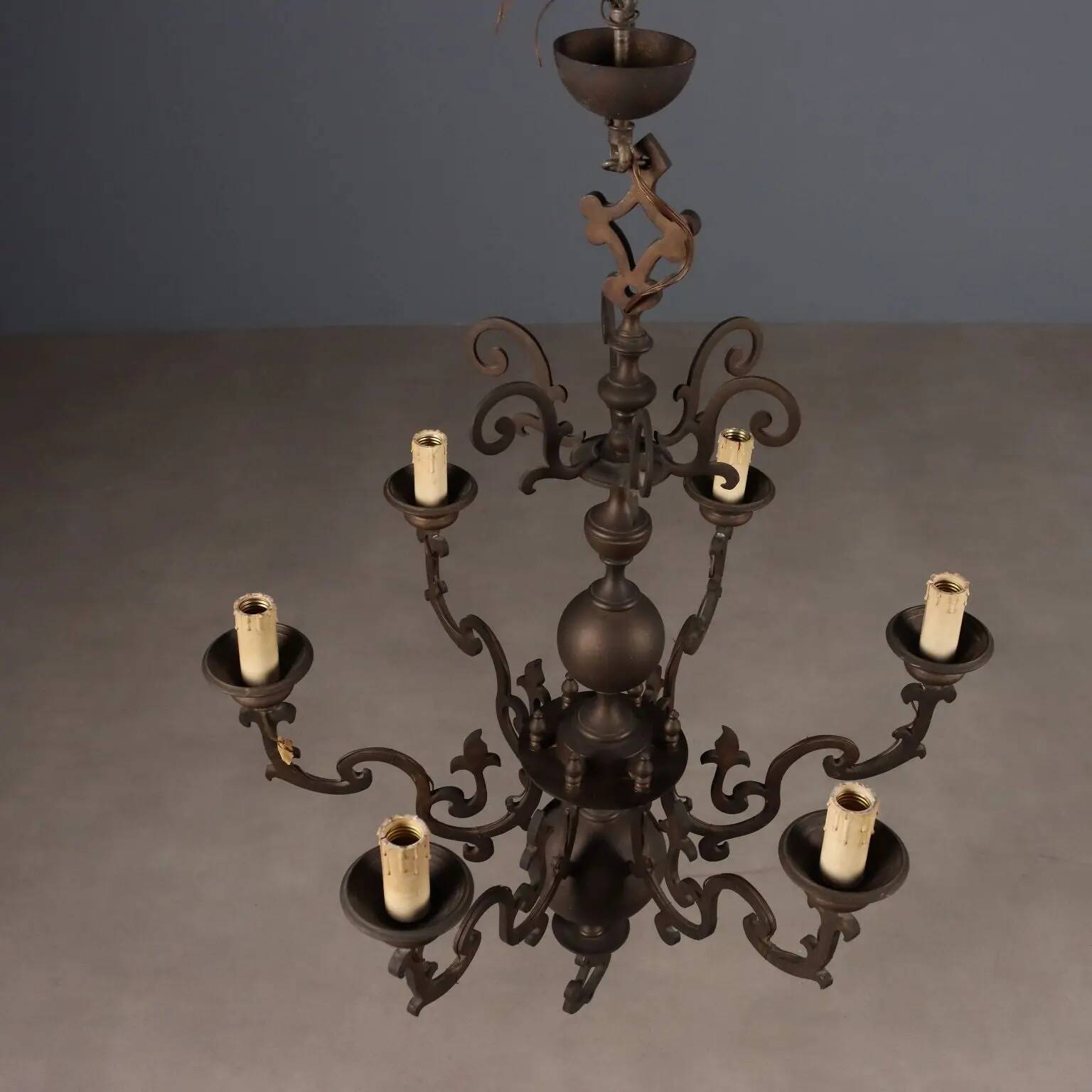 Antique bronze metal chandelier with 6 lights, Netherlands, 20th century.