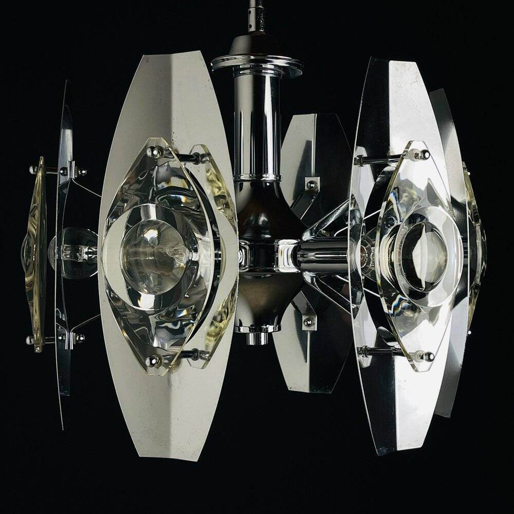 Chrome and glass lustre with lenses by Oscar Torlasco, Italy, 1960s.