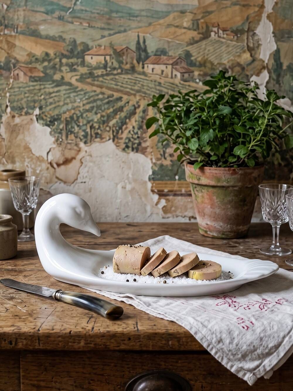 Vintage white faience foie gras platter in the shape of a goose, 1970s.