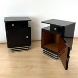 Art Deco Bedside Cabinets in Black Lacquer & Chrome, France, 1930, Set of 2