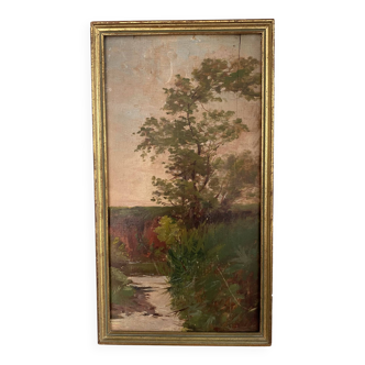 Huile champêtre style Barbizon, cadre bois